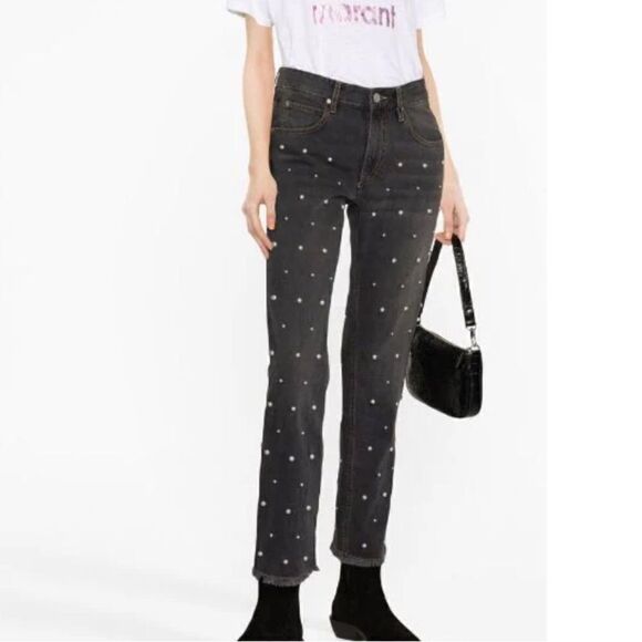 NWT Isabel Marant Pearl Bead Embellished Straight Leg Jeans Black Sz 36/ Small - Picture 1 of 16